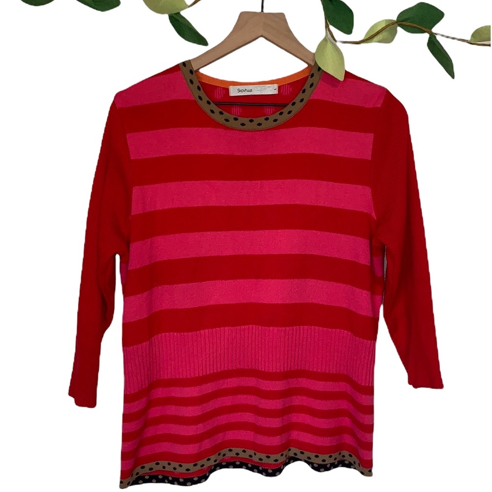 Skovhuus Striped Polka Dot 3/4 Sleeve Scoop neck Patterned Sweater Cinched Waist